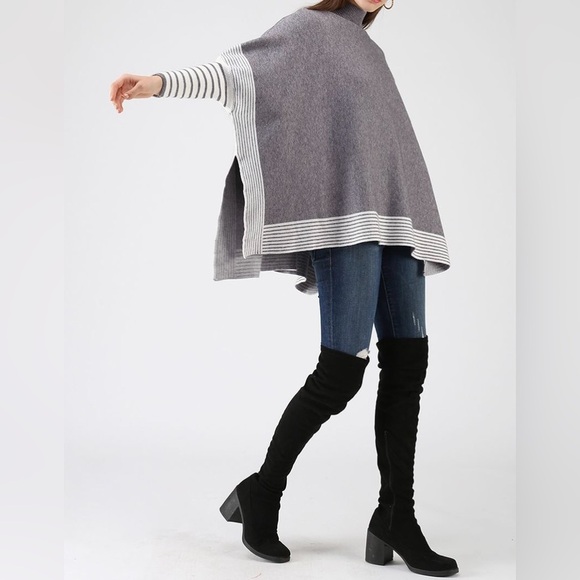 Zenana striped gray poncho women’s Xsmall new‎ - Picture 4 of 6